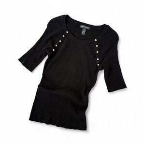 INC International Concepts Gold Button Ribbed Knit Top Black Y2K Style Size M